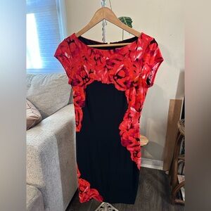 Cache Red and Black Floral Midi Dress Size Small Stretch Rose print